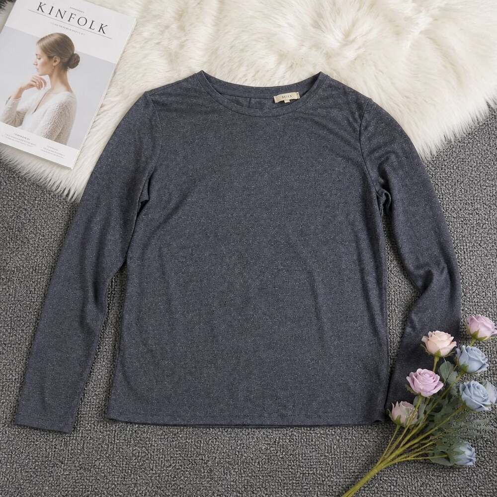 Reiss Milly Navy Blue Shimmer Button-Back Long Sleeve Top